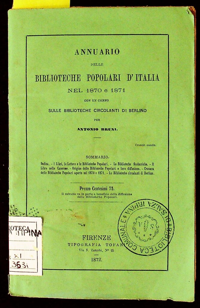 Book Cover: ANNUARIO DELLE BIBLIOTECHE POPOLARI D'ITALIA NEL 1870 E 1871